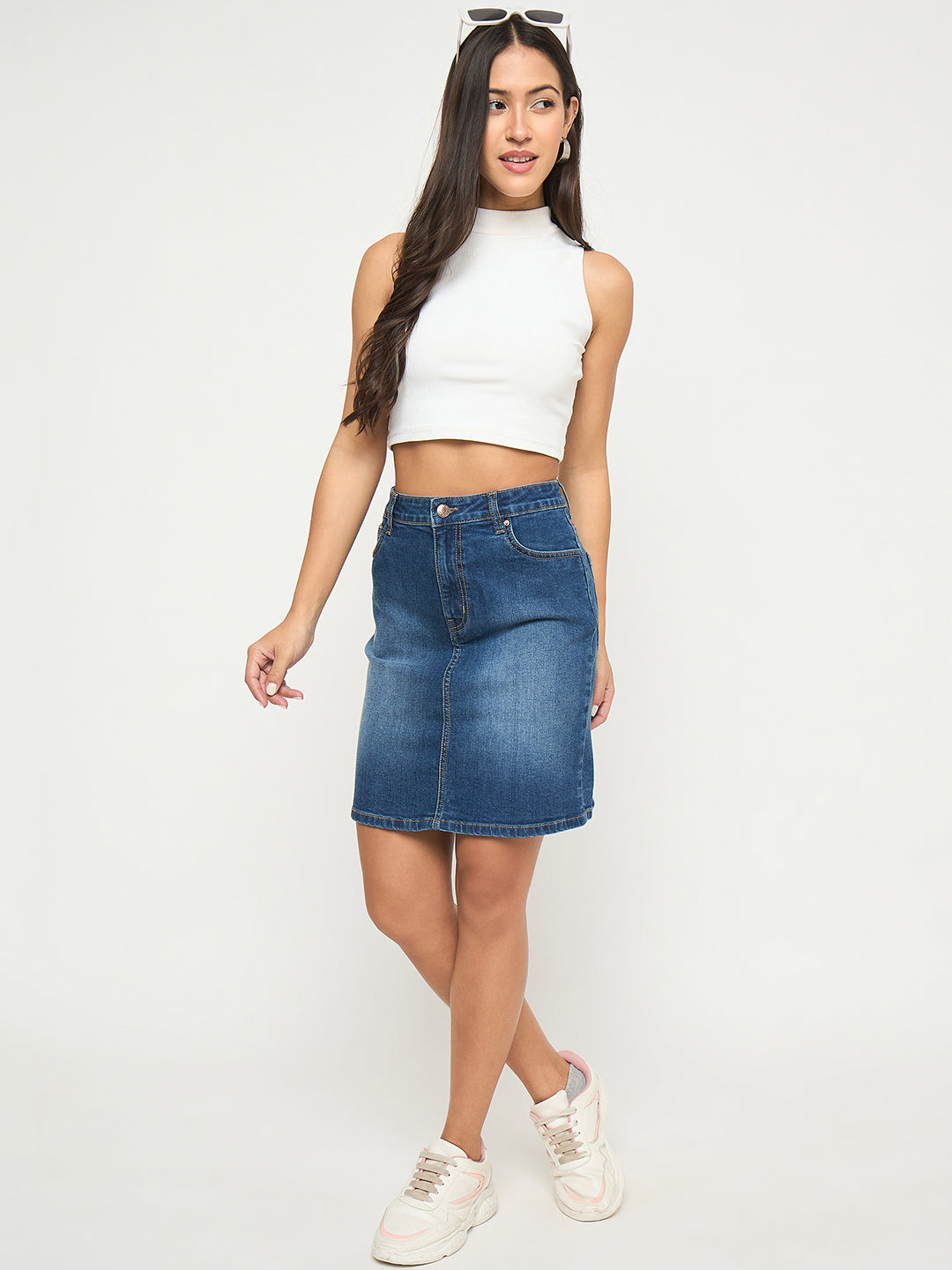Madame Stone Wash Mid Blue Cotton Blend Mini Denim Skirt