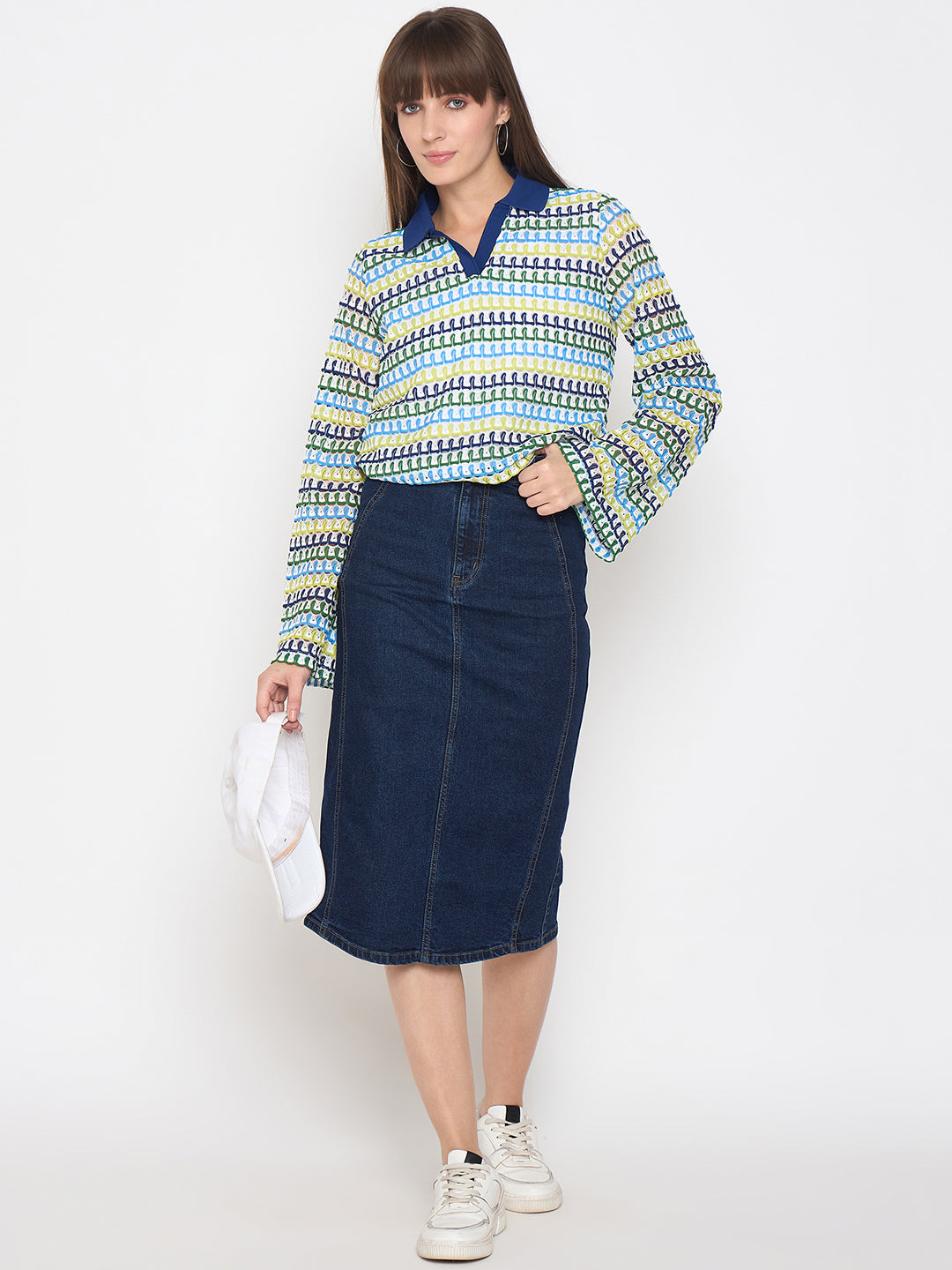 Madame Crochet Contrasting Collar Blue Top