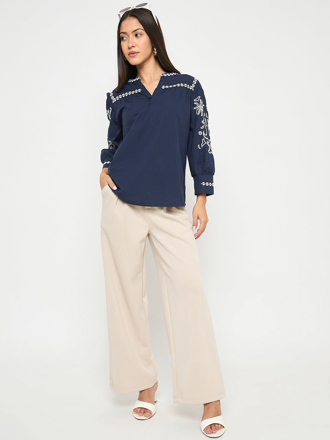 Madame Embroidered Split Crew Neck Navy Blue Cotton Top