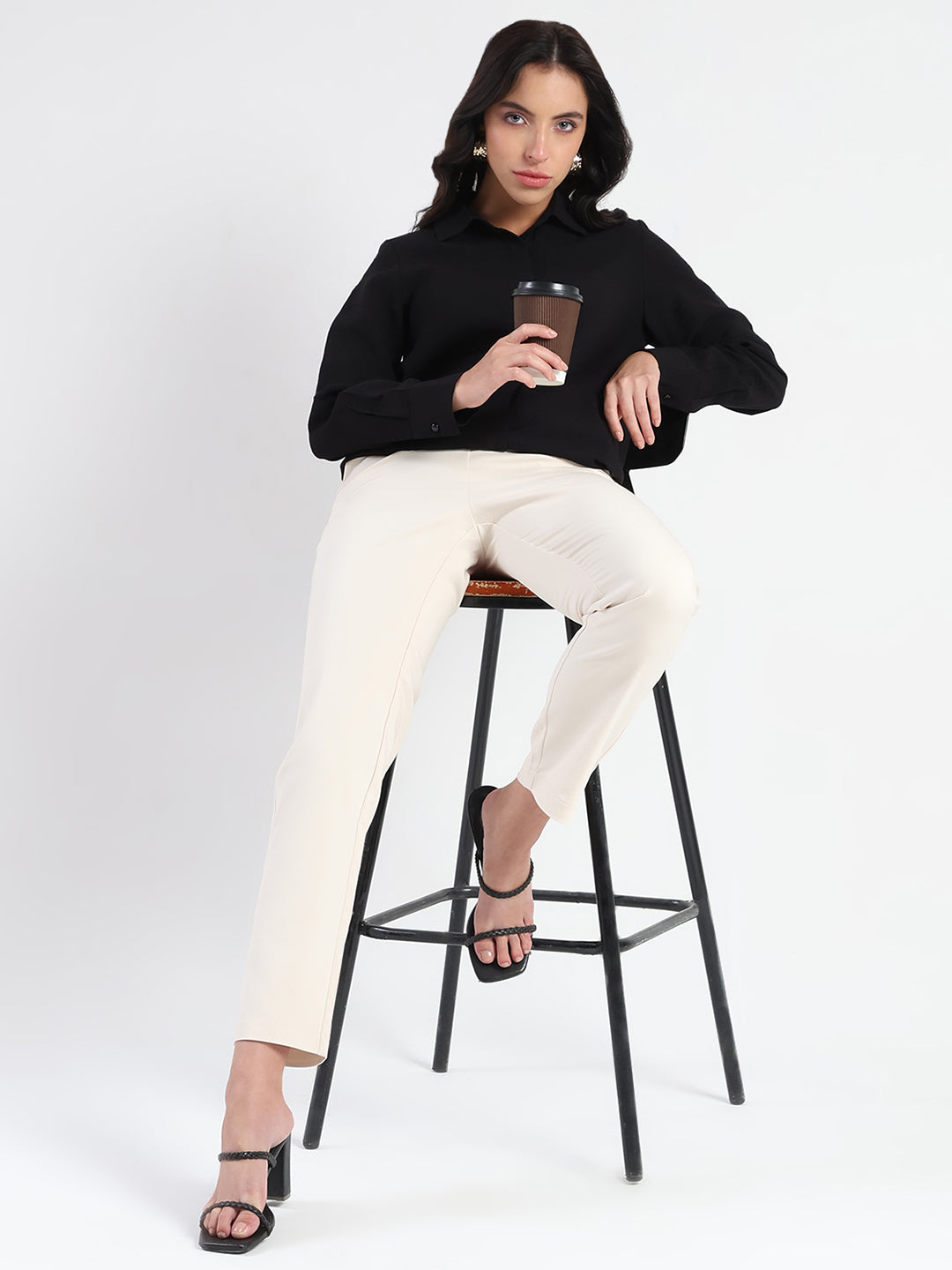 Madame High-Waist Cotton Blend Ivory Trousers