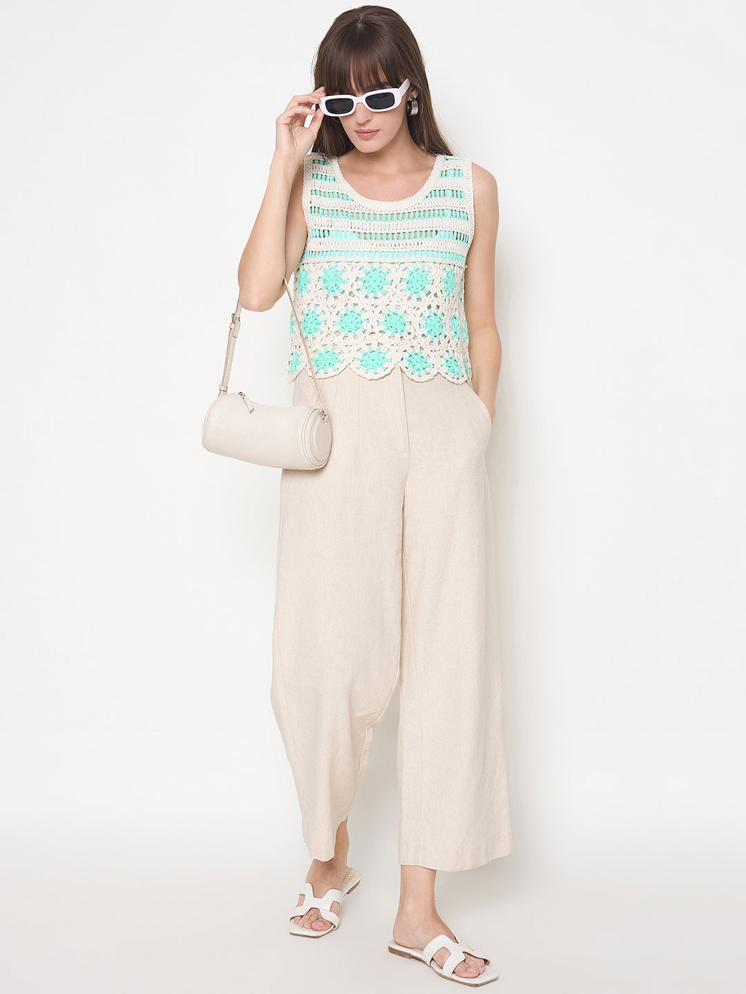 Madame Crochet Sleeveless Solid Green Cotton Top