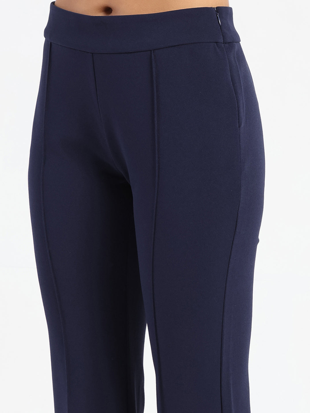Madame Side Zipper Flared Navy Blue Knitted Moss Trousers