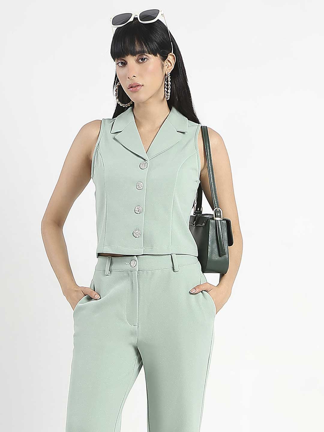 Madame Crop Top and Side Slit Trousers Knit Moss Olive Green Co-ord Set
