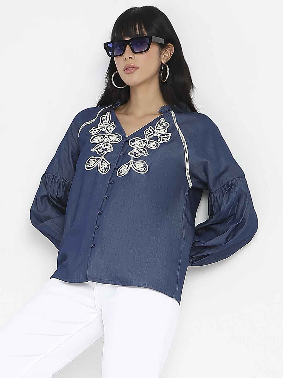 Madame Embroidered Cotton Blend Denim Top