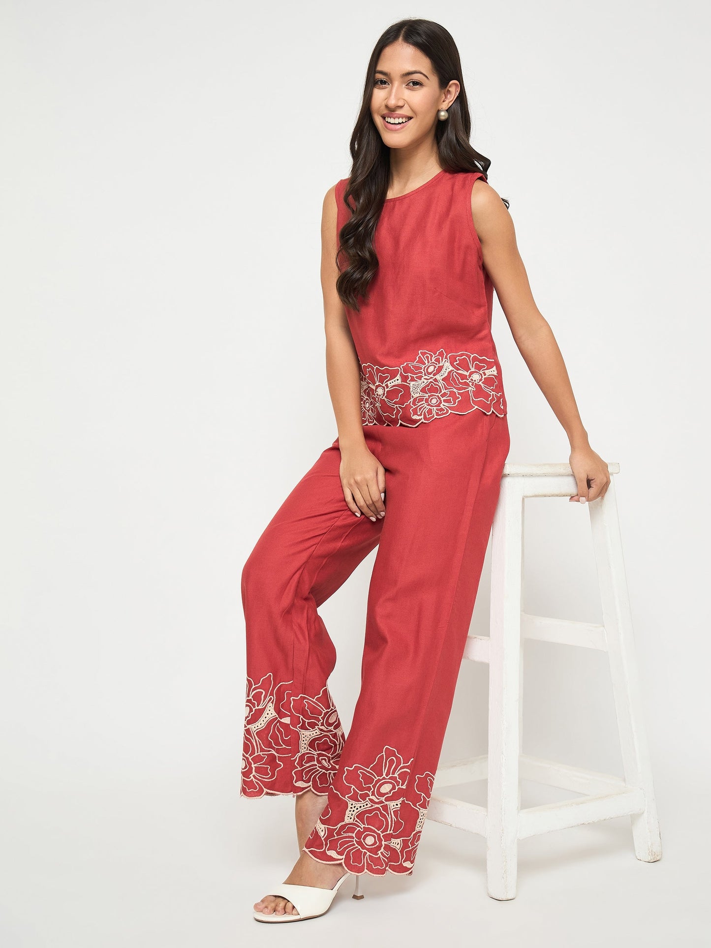 Madame Floral Embroidered Hem Top and Bottom Rust Red Co-ord Set