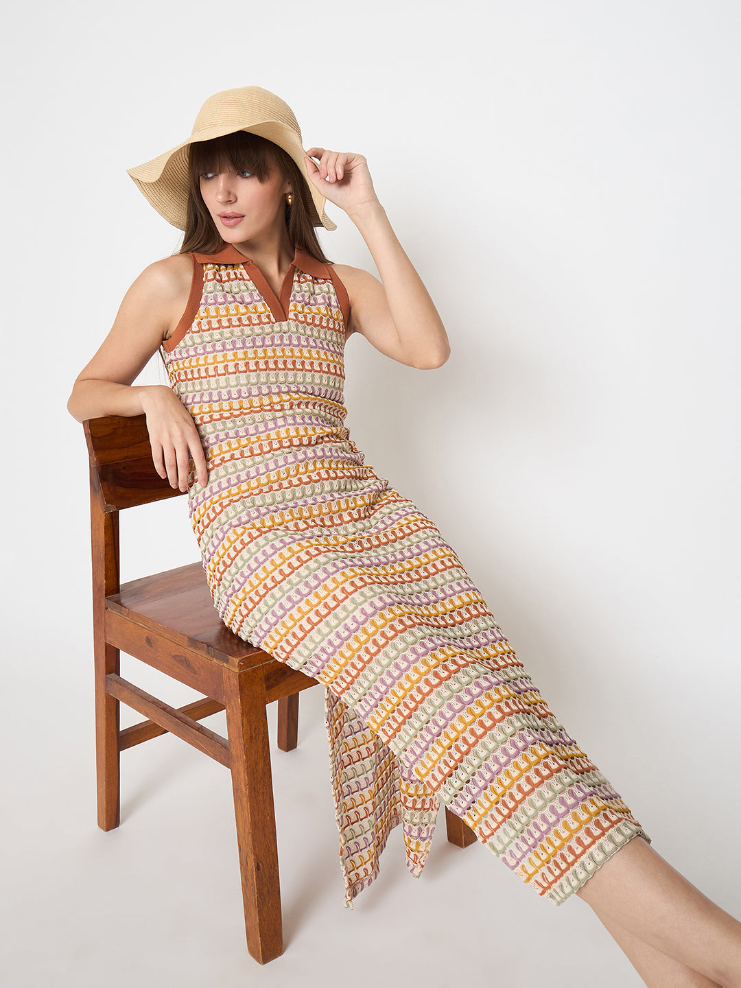 Madame Crochet Striped Side Slit Brown Bodycon Dress