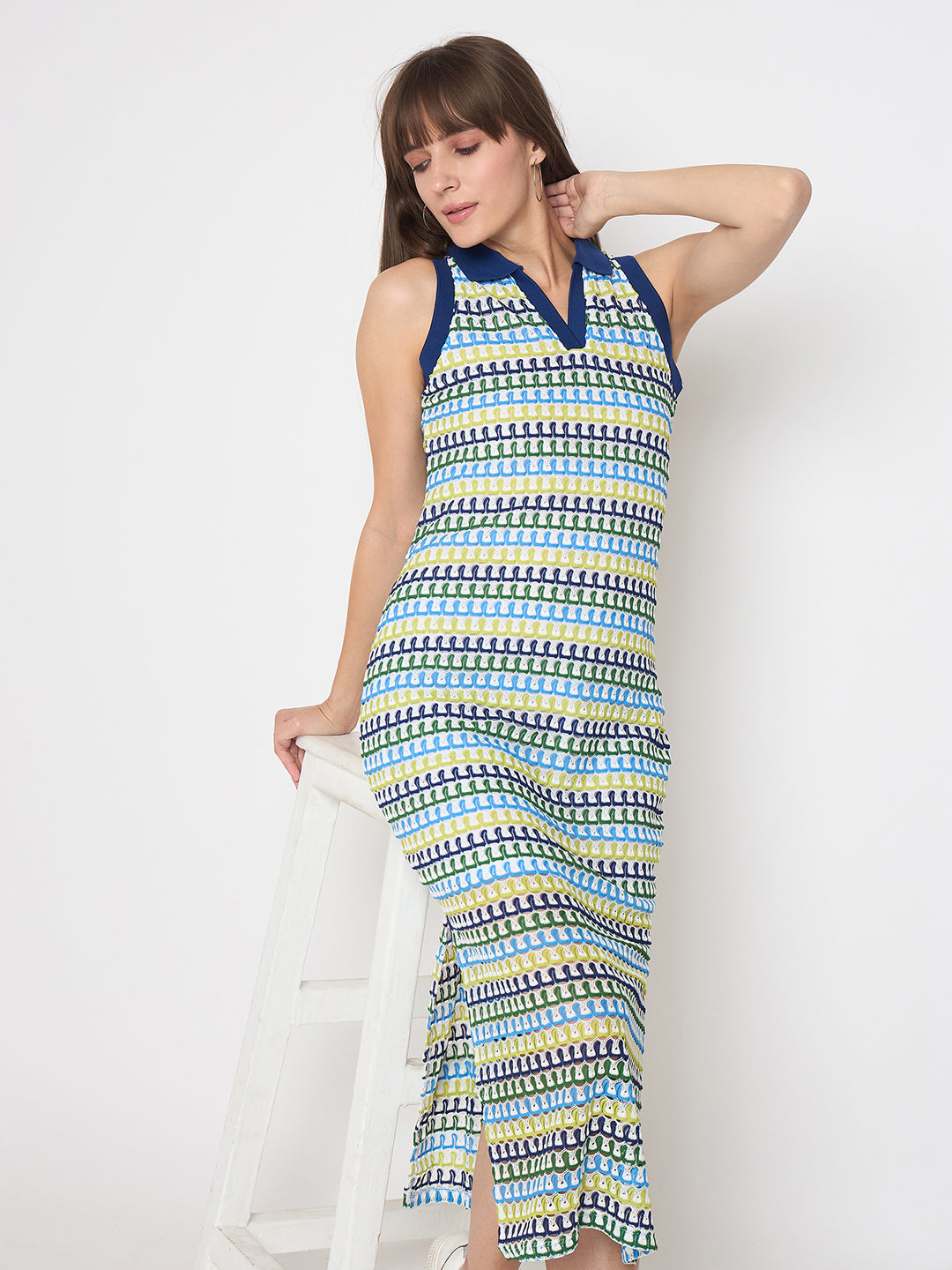 Madame Crochet Striped Side Slit White Bodycon Dress