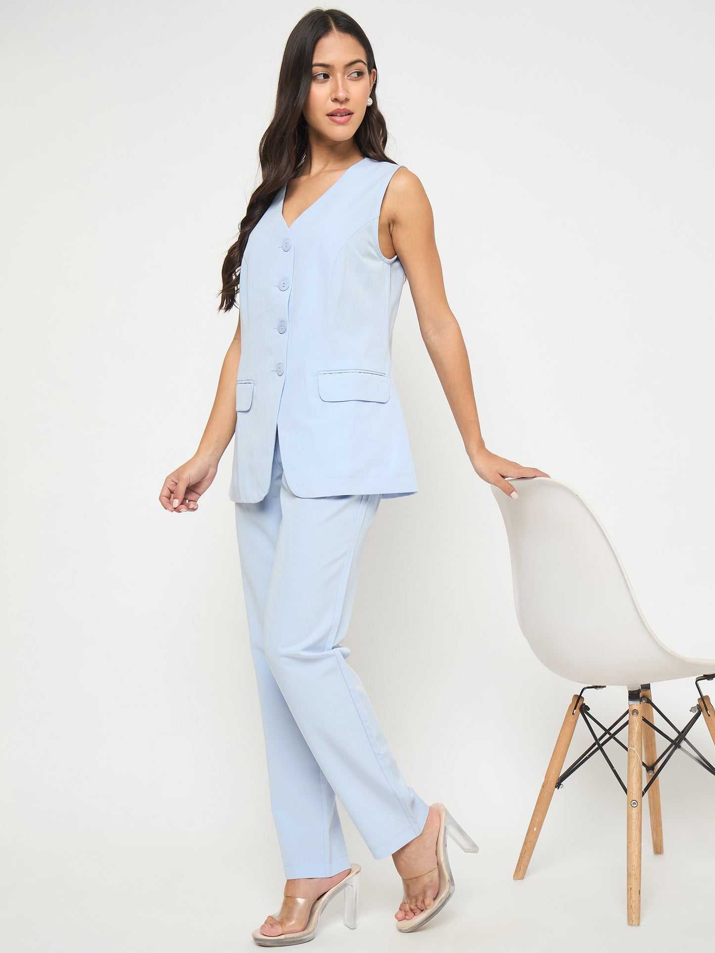 Madame Solid Sleeveless Top and Bottoms Blue Co-ord Set