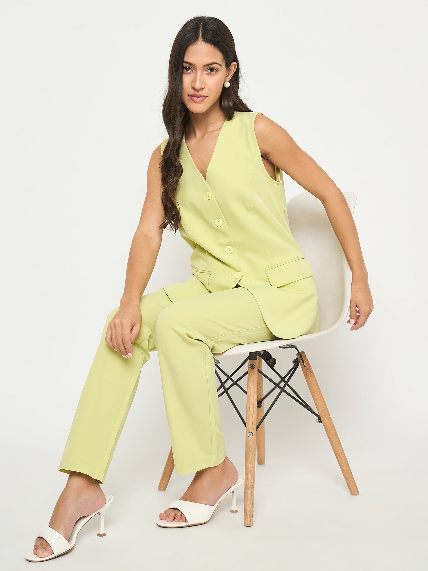 Madame Solid Sleeveless Top and Bottoms Lime Green Co-ord Set