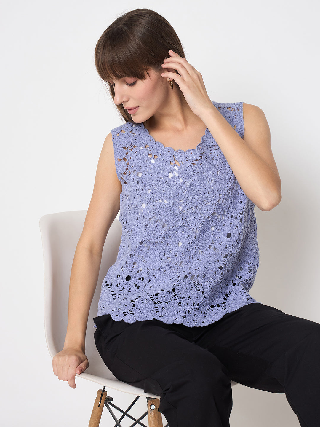 Madame Crochet Sleeveless Solid Powder Blue Top