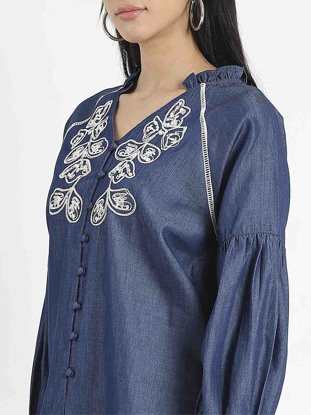 Madame Embroidered Cotton Blend Denim Top