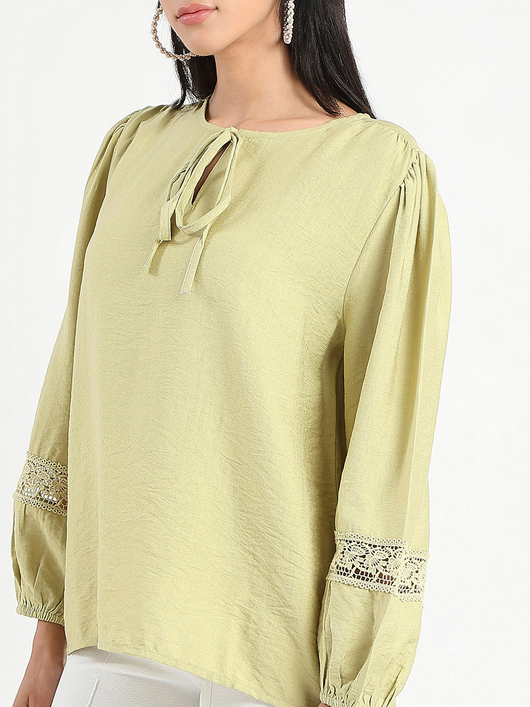 Madame Tie Neck Green Rayon Blend Top