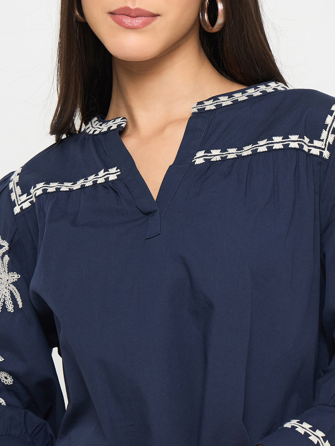 Madame Embroidered Split Crew Neck Navy Blue Cotton Top