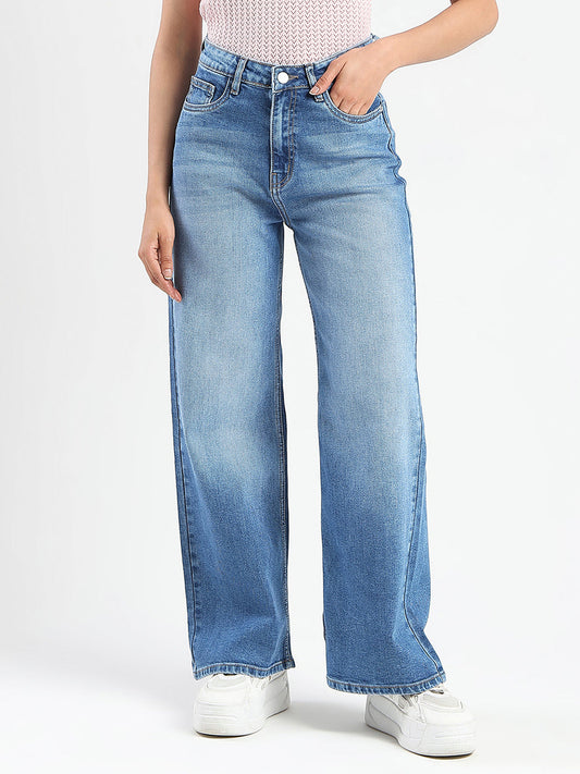 Madame Stone Wash Wide Leg Light Blue Cotton Blend Jeans