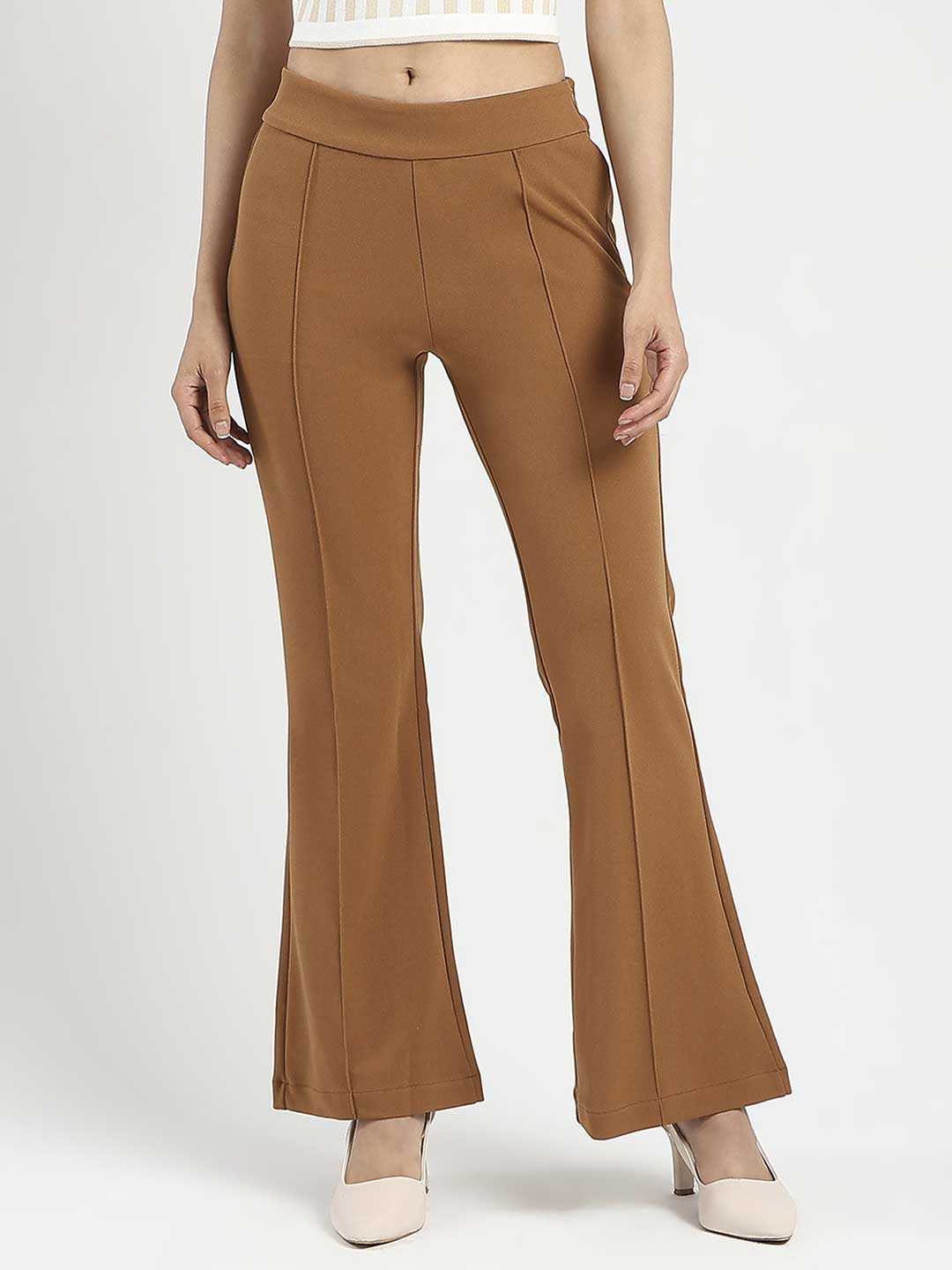 Madame Side Zipper Flared Coffee Brown Knitted Moss Trousers