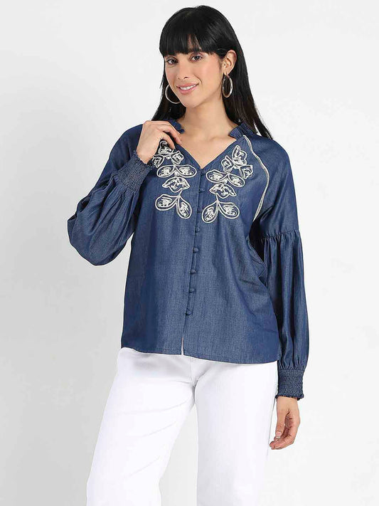 Madame Embroidered Cotton Blend Denim Top