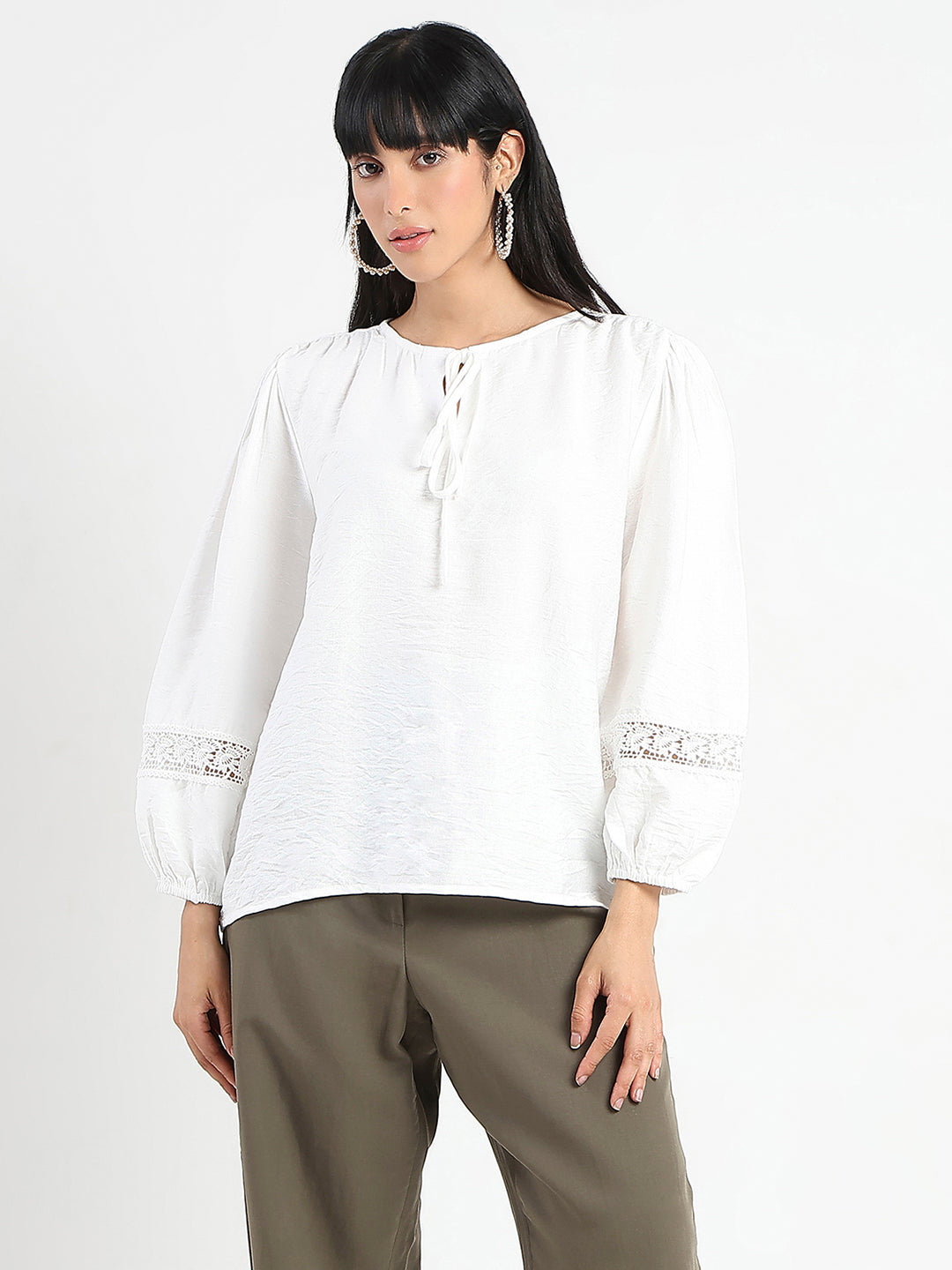 Madame Tie Neck Off White Rayon Blend Top