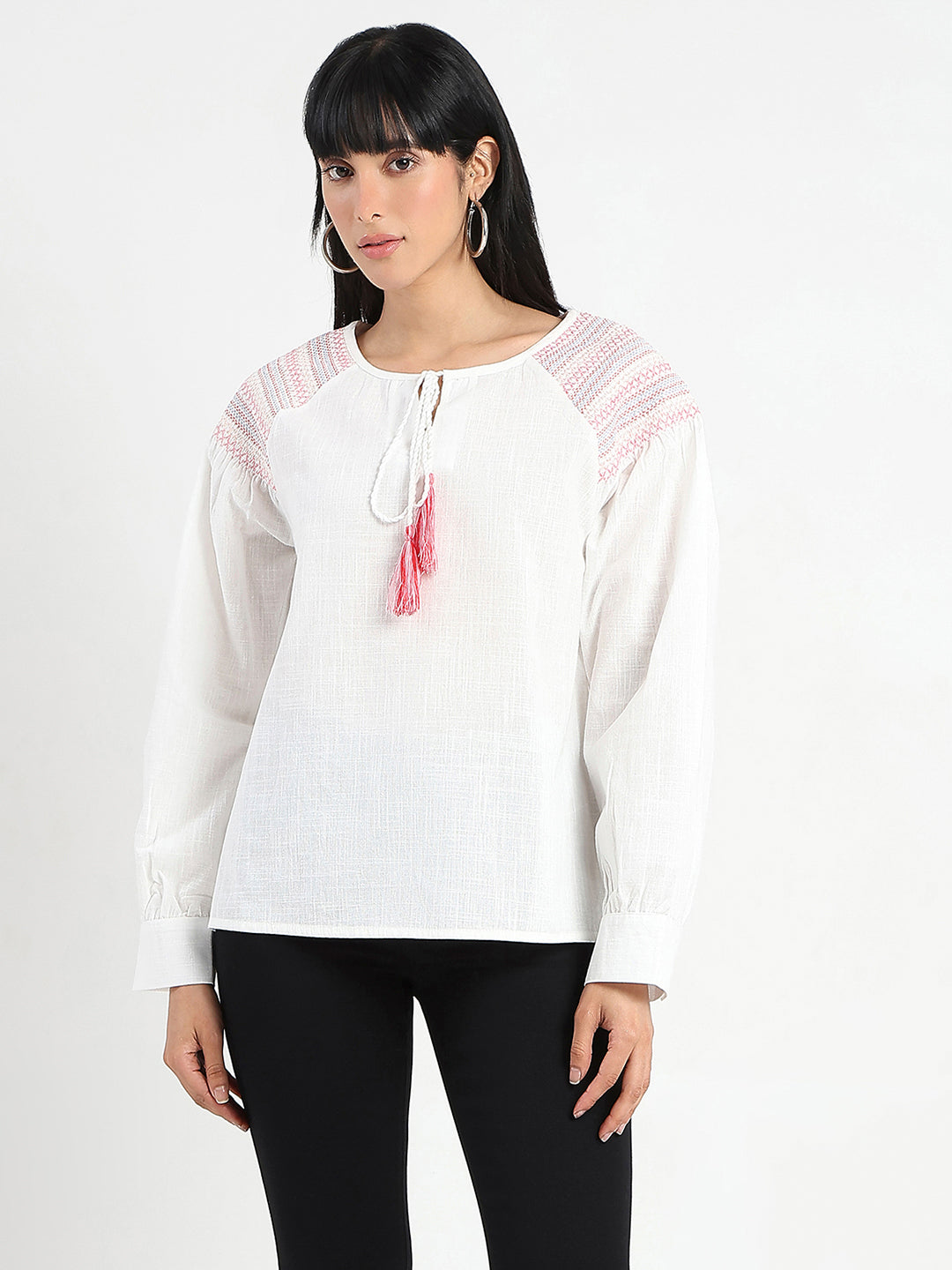 Madame Tie Neck Cotton Blend White Top