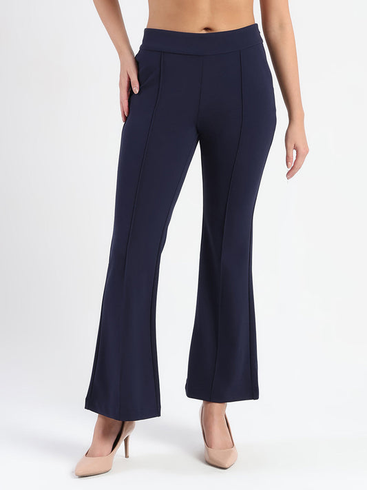 Madame Side Zipper Flared Navy Blue Knitted Moss Trousers