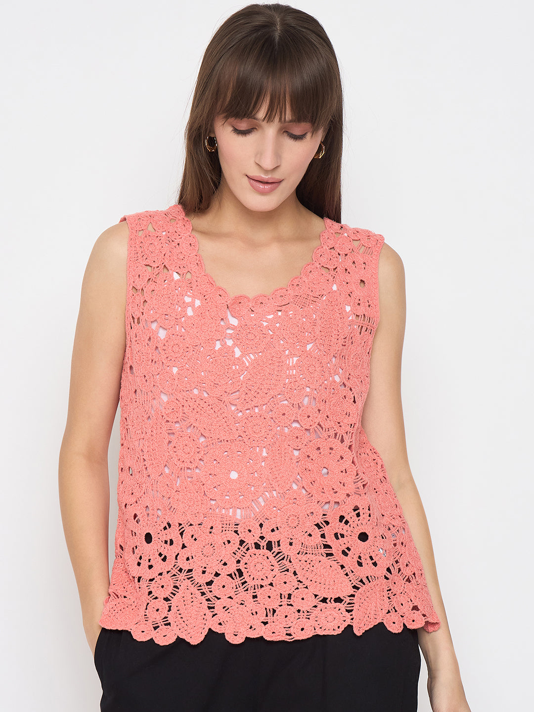 Madame Crochet Sleeveless Solid Coral Top