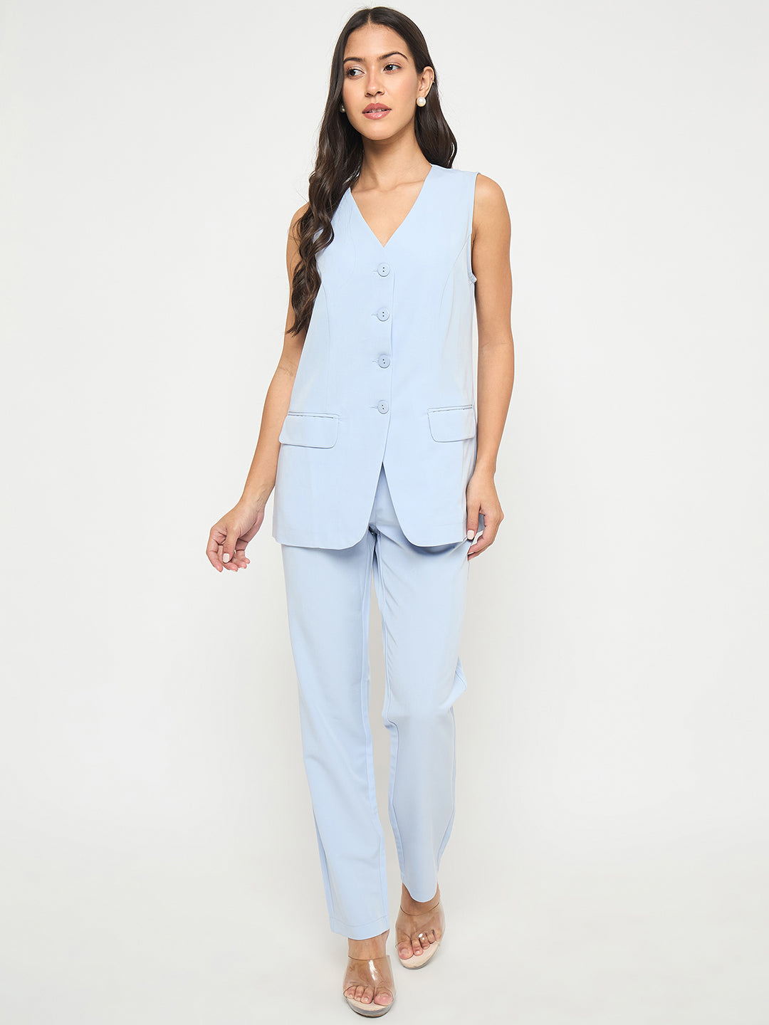Madame Solid Sleeveless Top and Bottoms Blue Co-ord Set