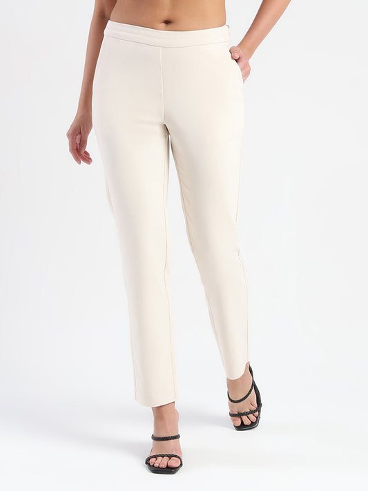 Madame High-Waist Cotton Blend Ivory Trousers
