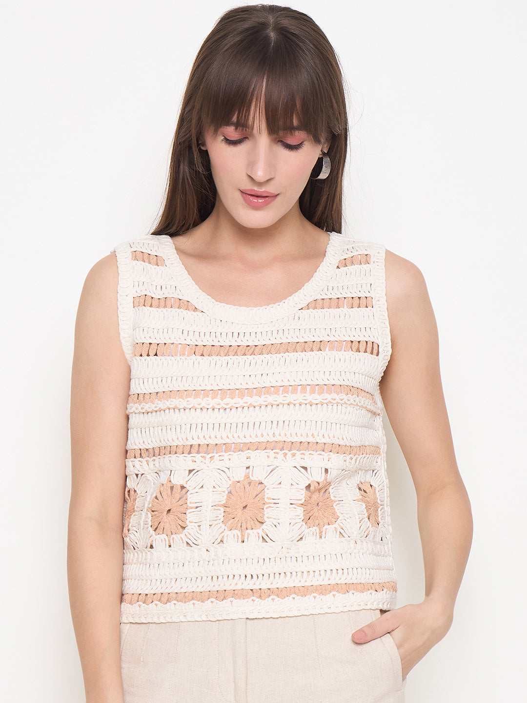 Madame Crochet Sleeveless Solid Beige Cotton Top