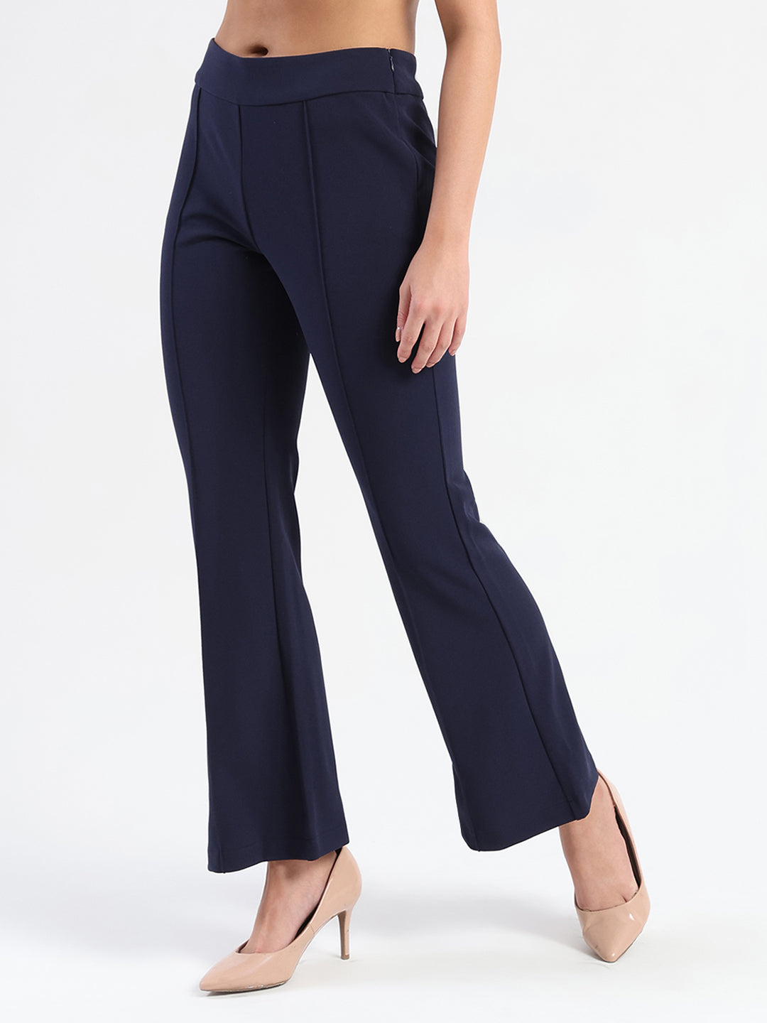 Madame Side Zipper Flared Navy Blue Knitted Moss Trousers
