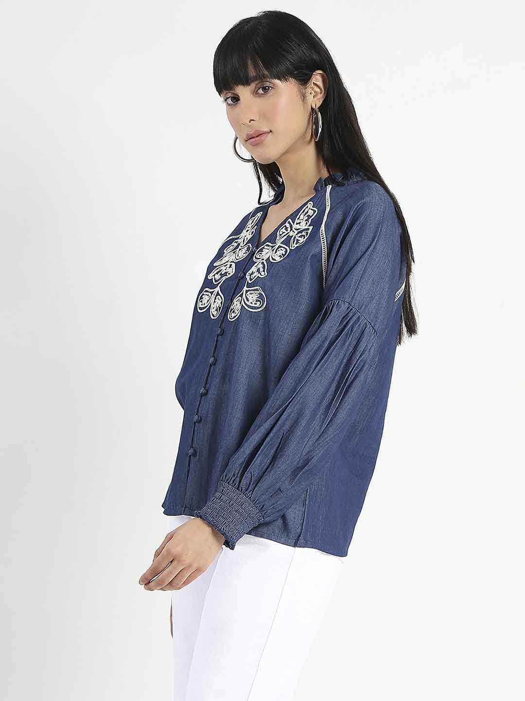 Madame Embroidered Cotton Blend Denim Top