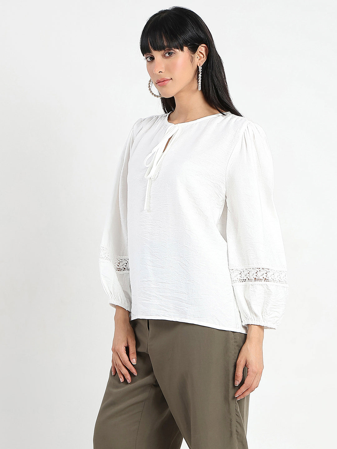 Madame Tie Neck Off White Rayon Blend Top
