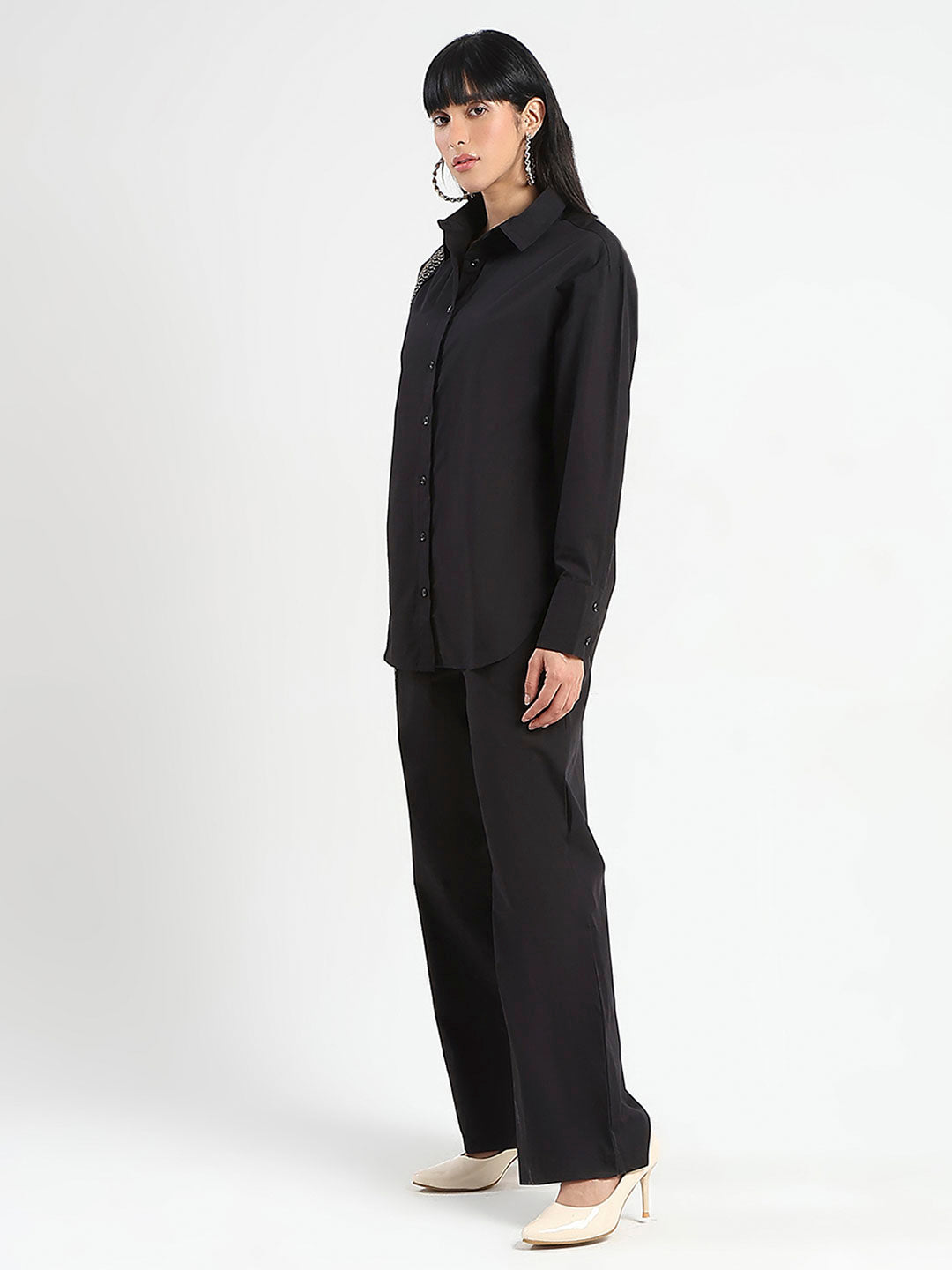 Madame Textured Shirt and Bottoms Black Co-ord Set