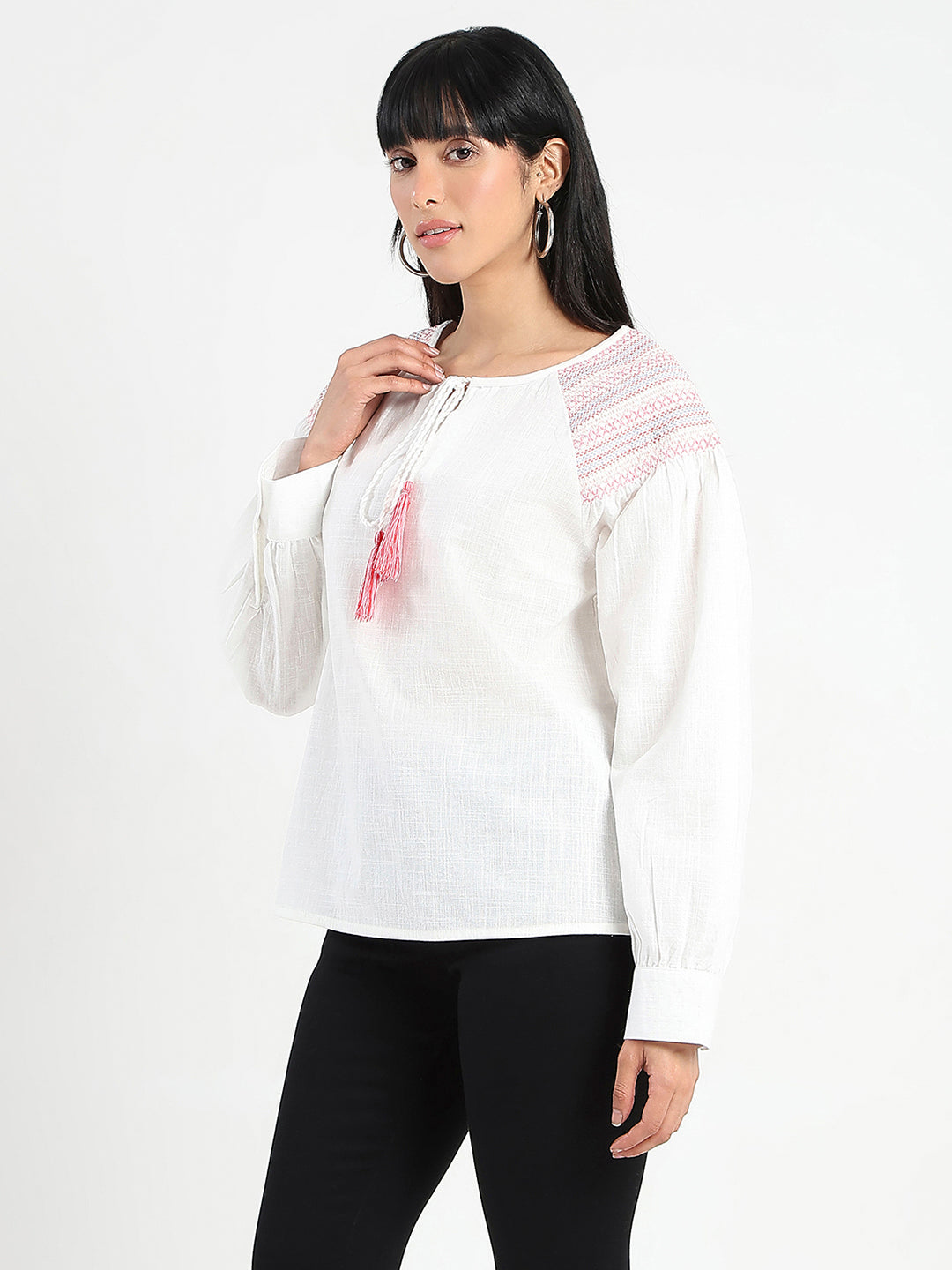 Madame Tie Neck Cotton Blend White Top
