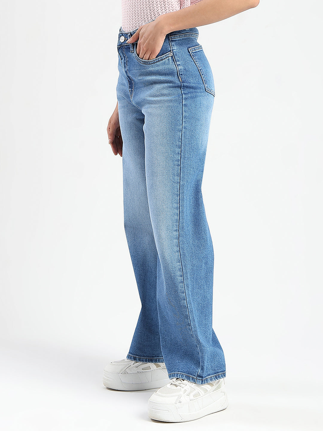 Madame Stone Wash Wide Leg Light Blue Cotton Blend Jeans