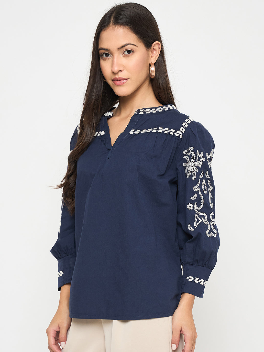 Madame Embroidered Split Crew Neck Navy Blue Cotton Top