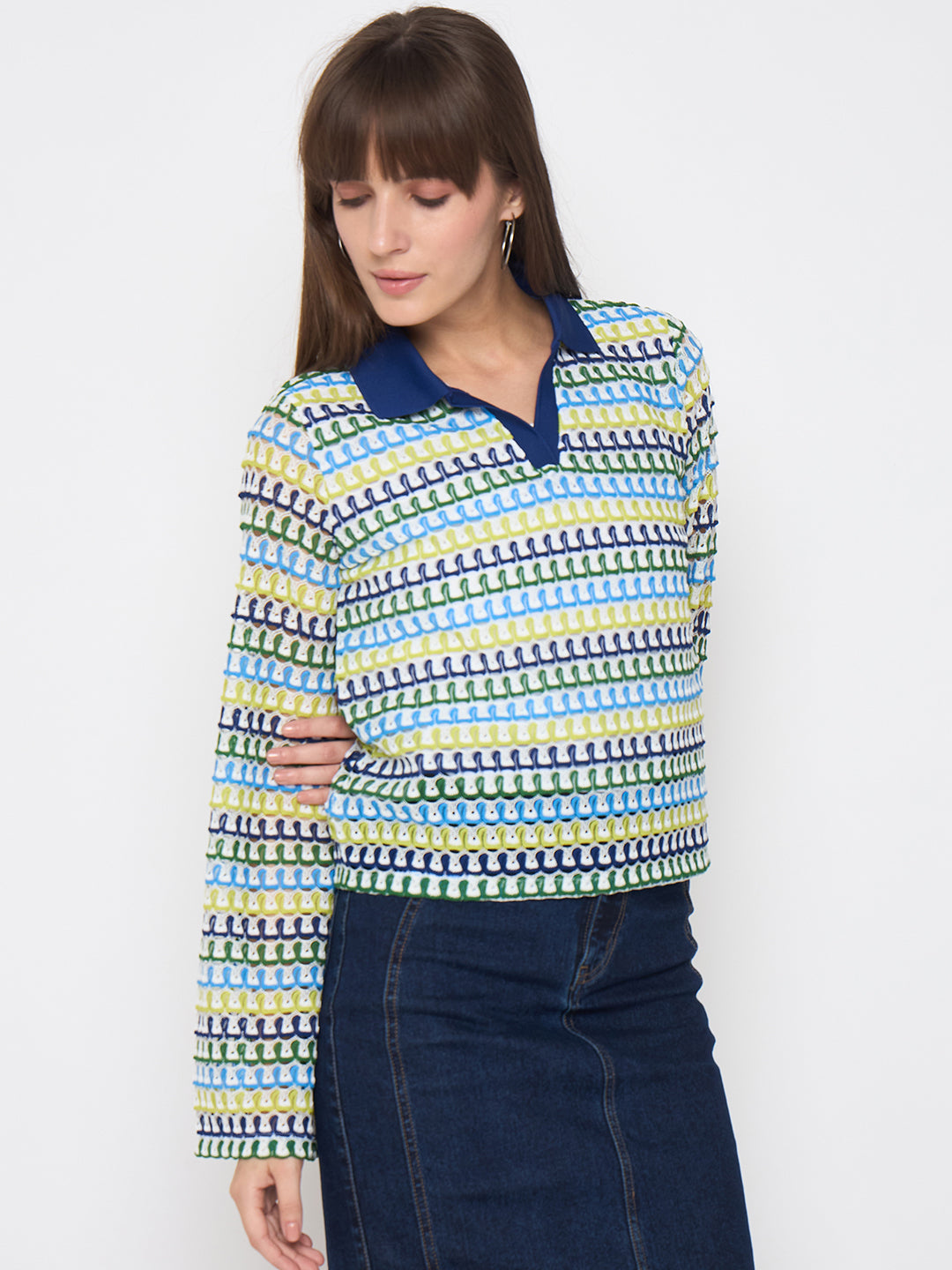 Madame Crochet Contrasting Collar Blue Top