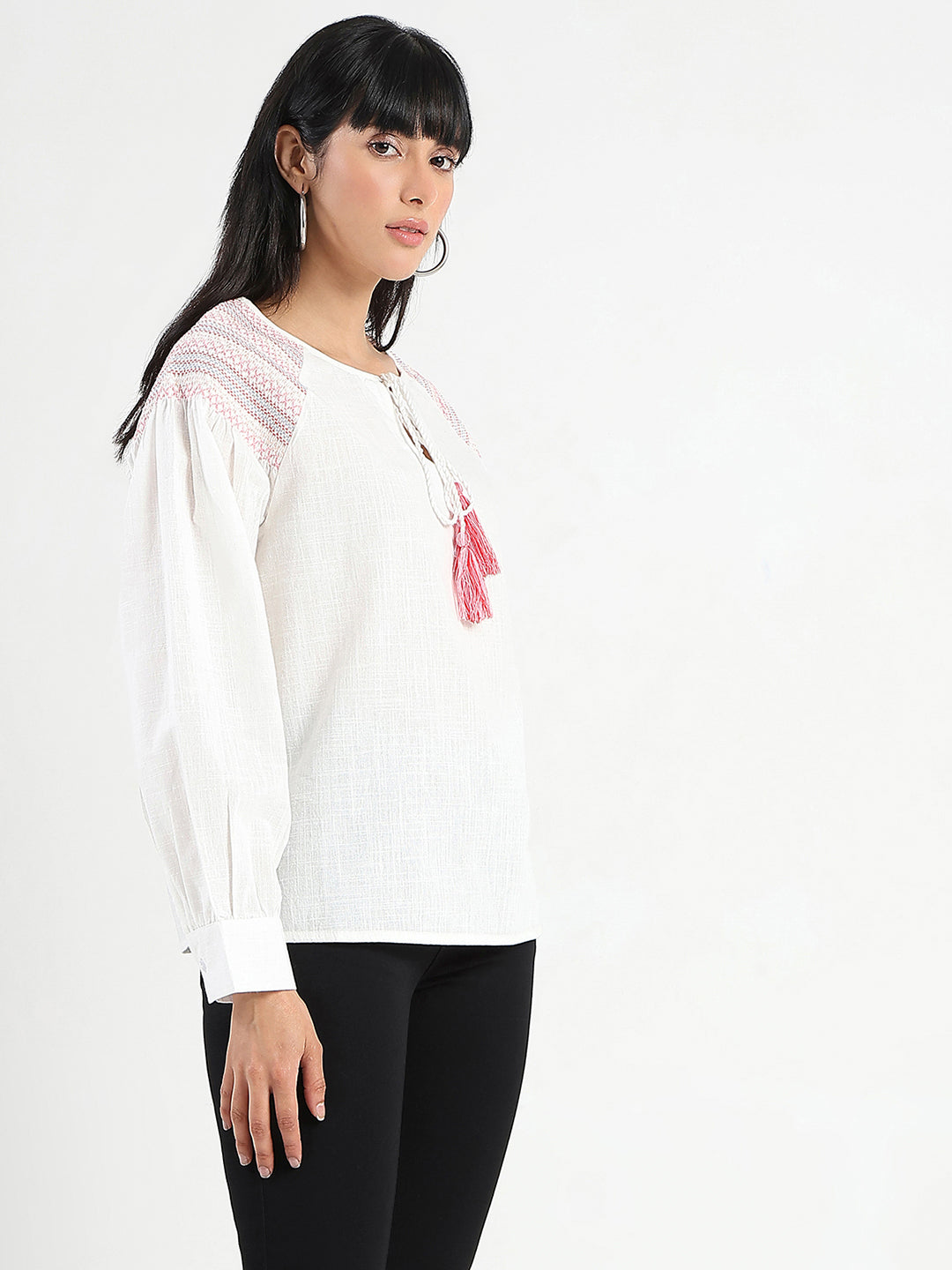 Madame Tie Neck Cotton Blend White Top