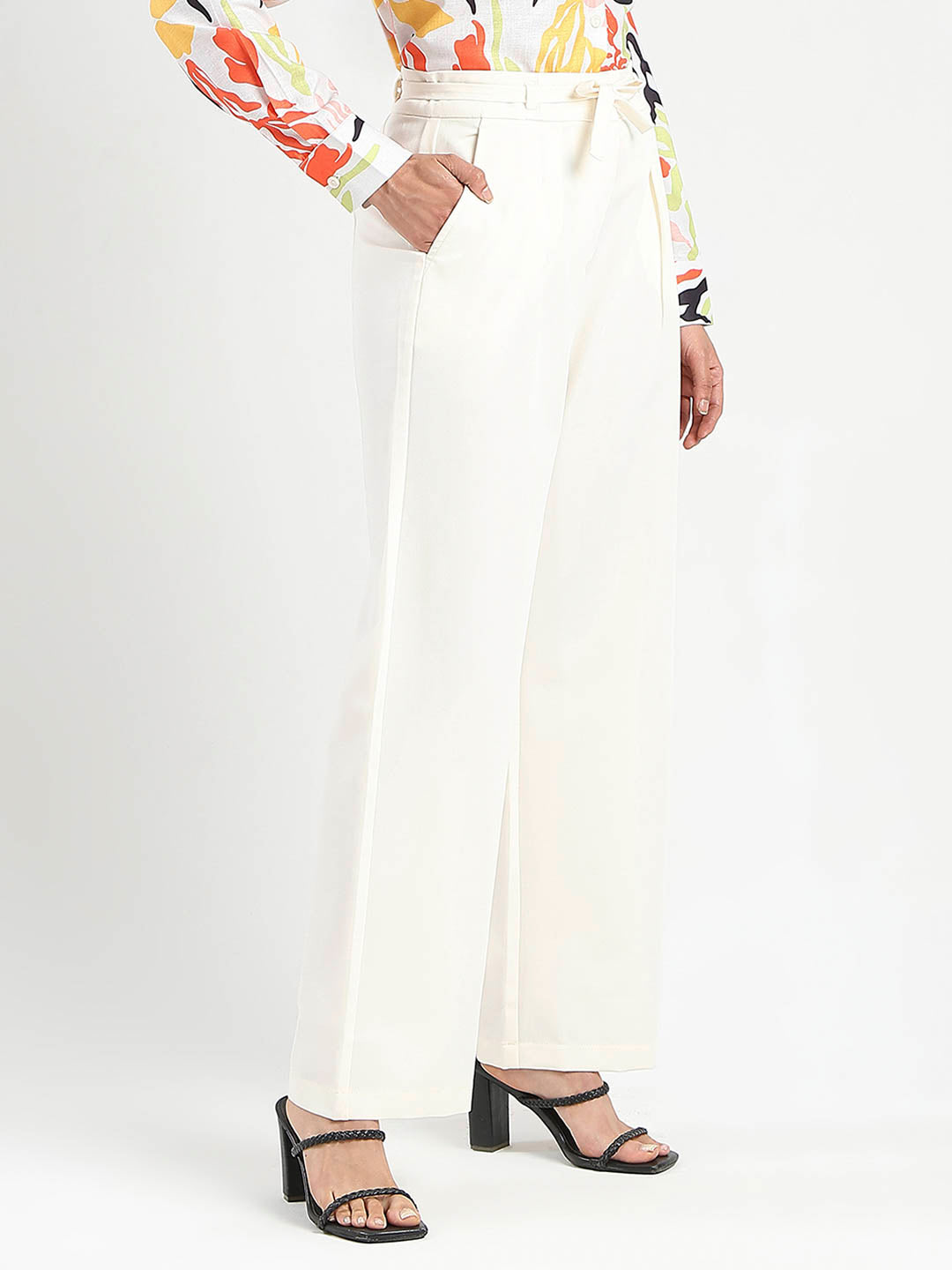 Madame Drawstring Waist Straight Fit Ivory Trousers