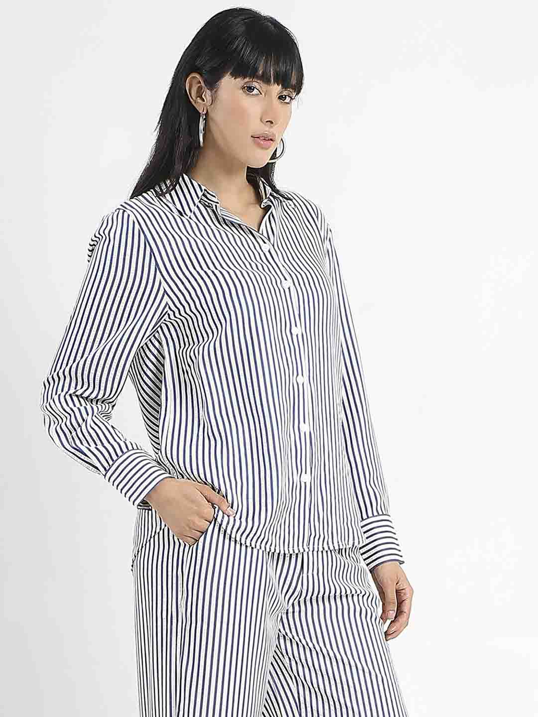 Madame Striped Navy Blue Cotton Blend Shirt