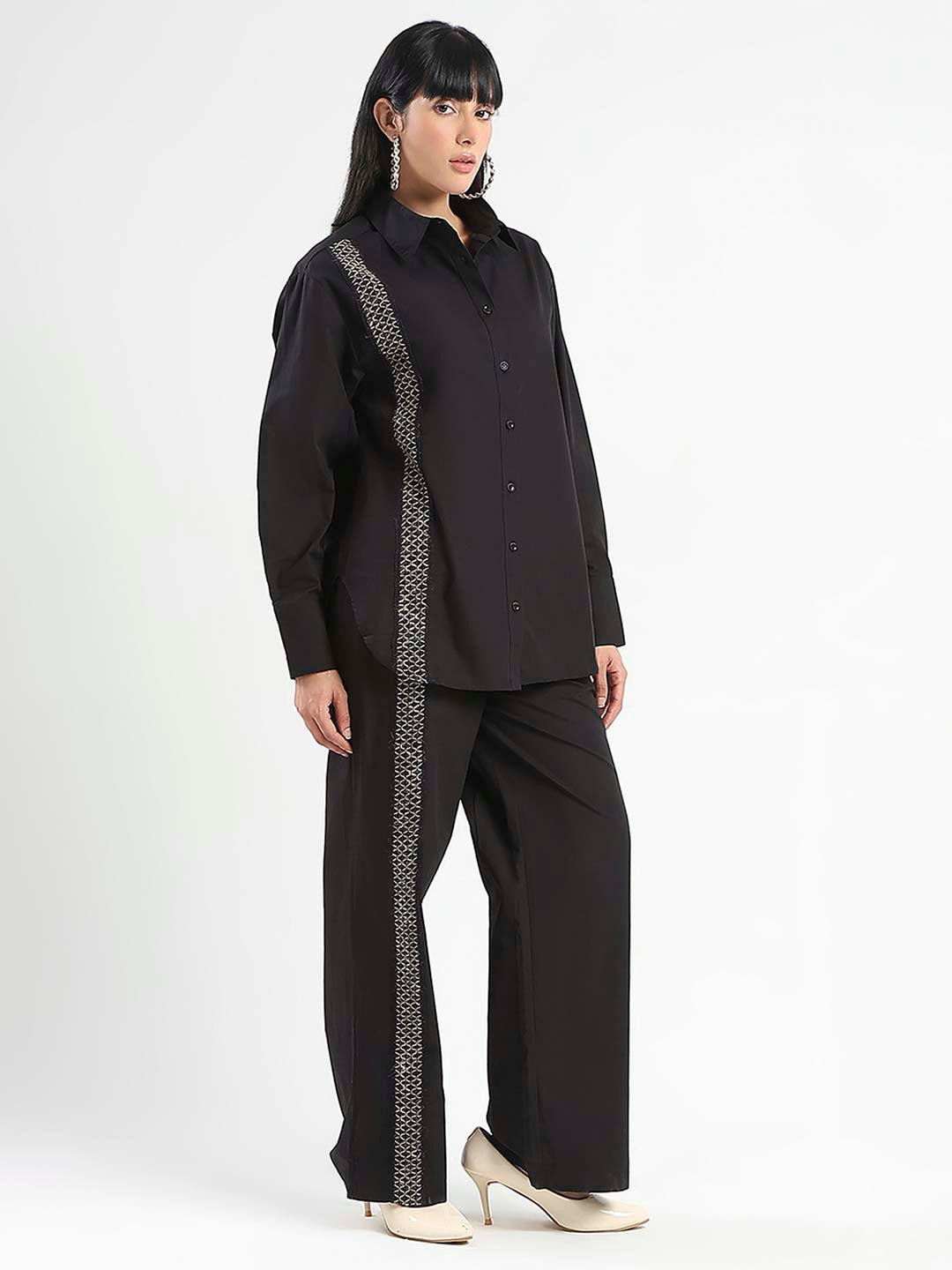 Madame Textured Shirt and Bottoms Black Co-ord Set