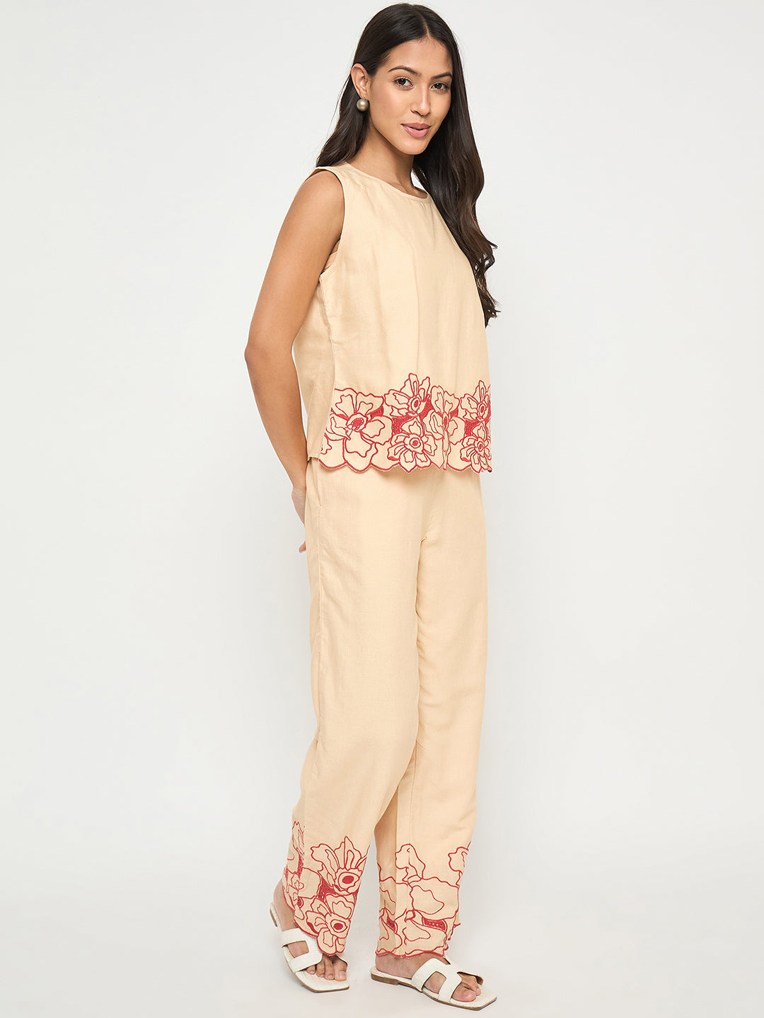 Madame Floral Embroidered Hem Top and Bottom Beige Co-ord Set