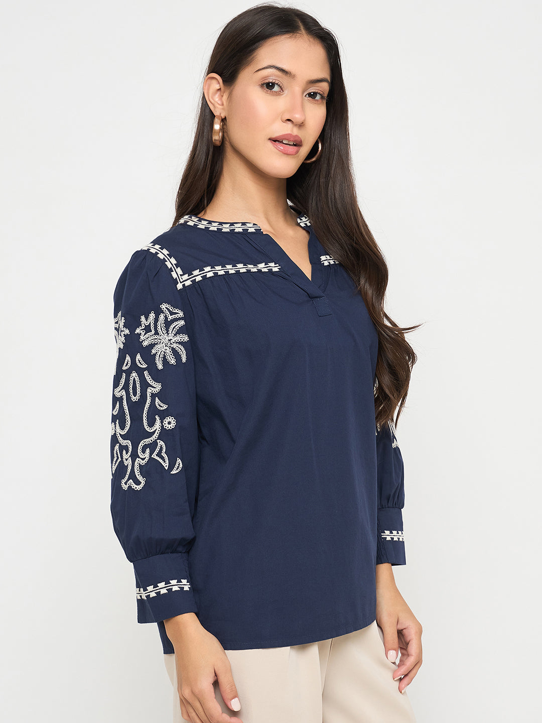 Madame Embroidered Split Crew Neck Navy Blue Cotton Top