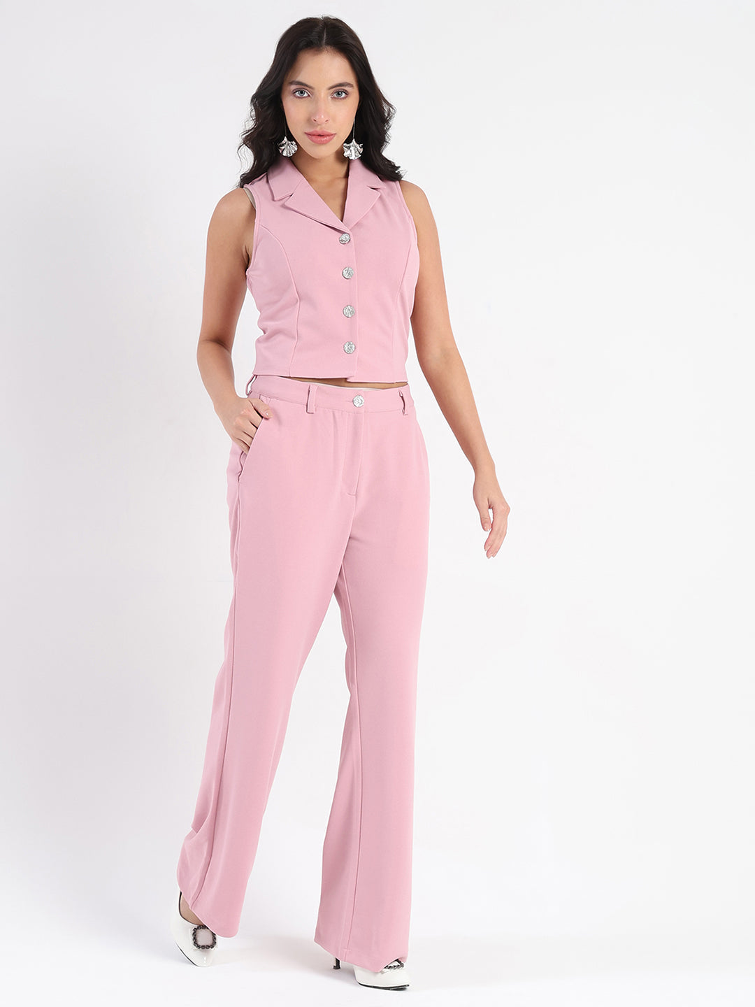 Madame Crop Top and Side Slit Trousers Knit Moss Blush Pink Co-ord Set