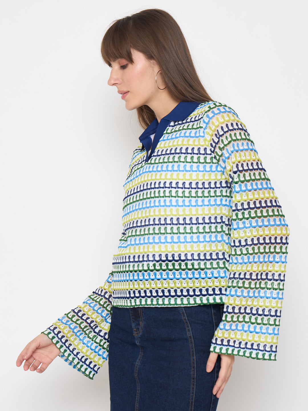 Madame Crochet Contrasting Collar Blue Top