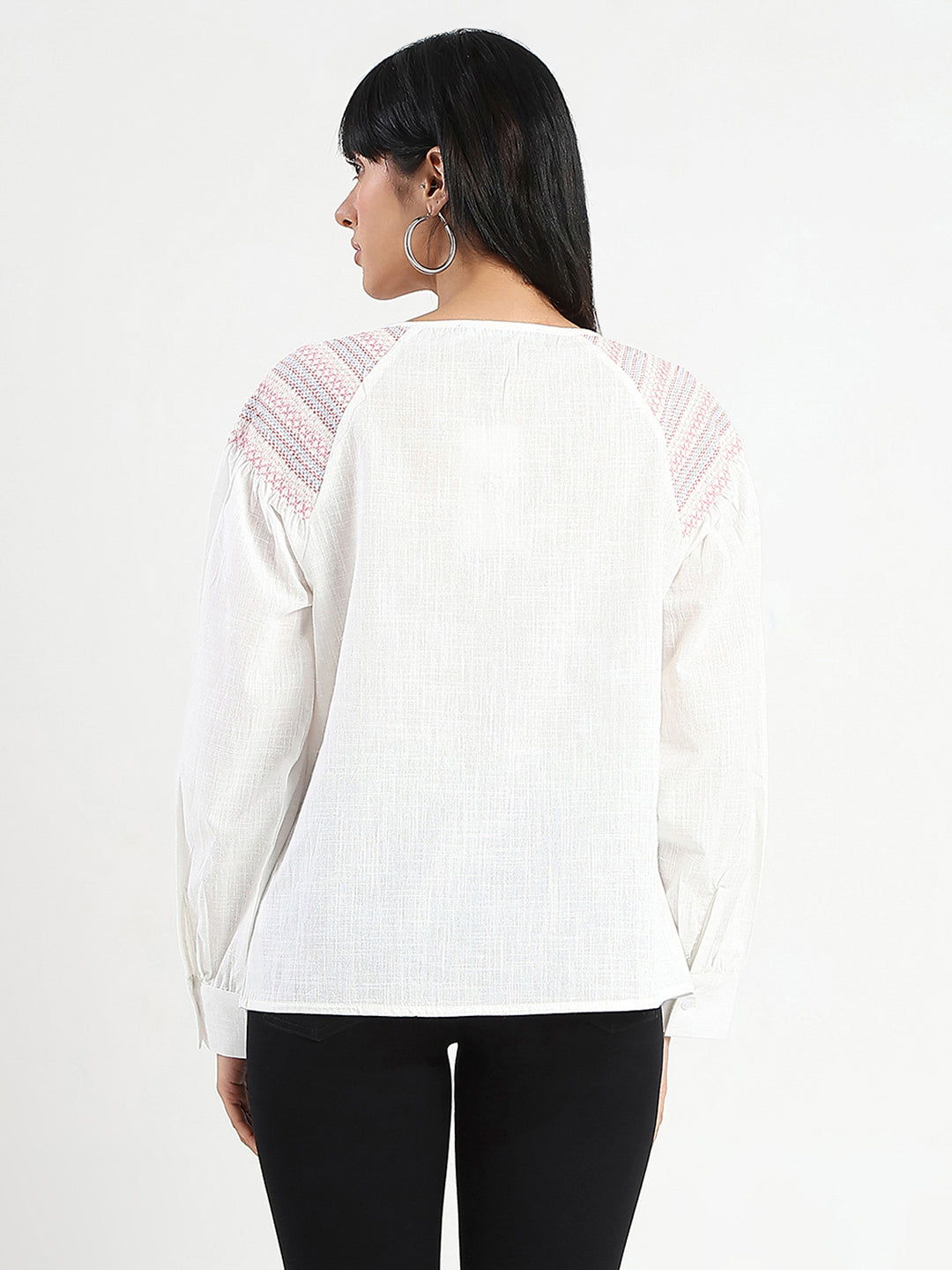 Madame Tie Neck Cotton Blend White Top