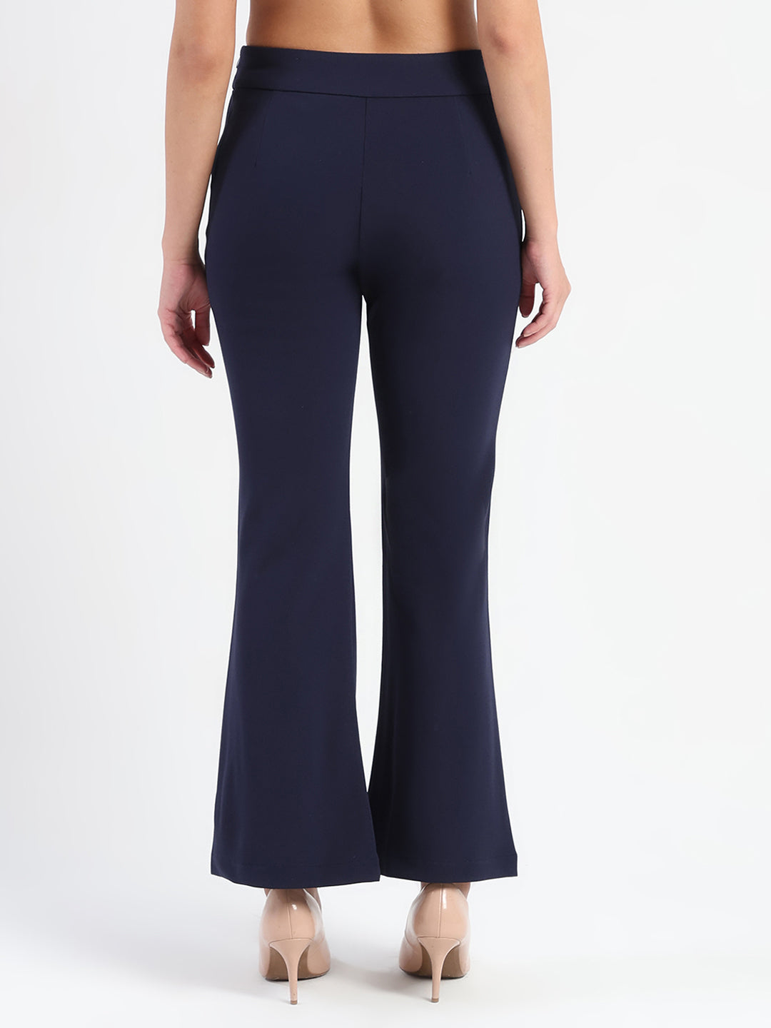 Madame Side Zipper Flared Navy Blue Knitted Moss Trousers