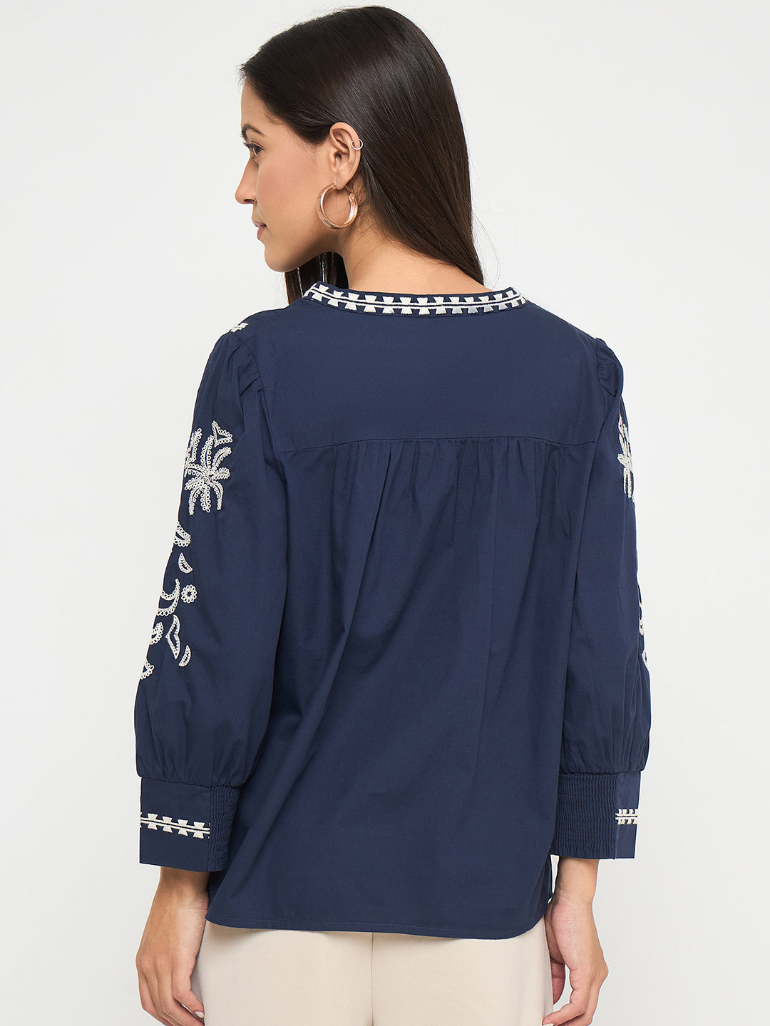 Madame Embroidered Split Crew Neck Navy Blue Cotton Top