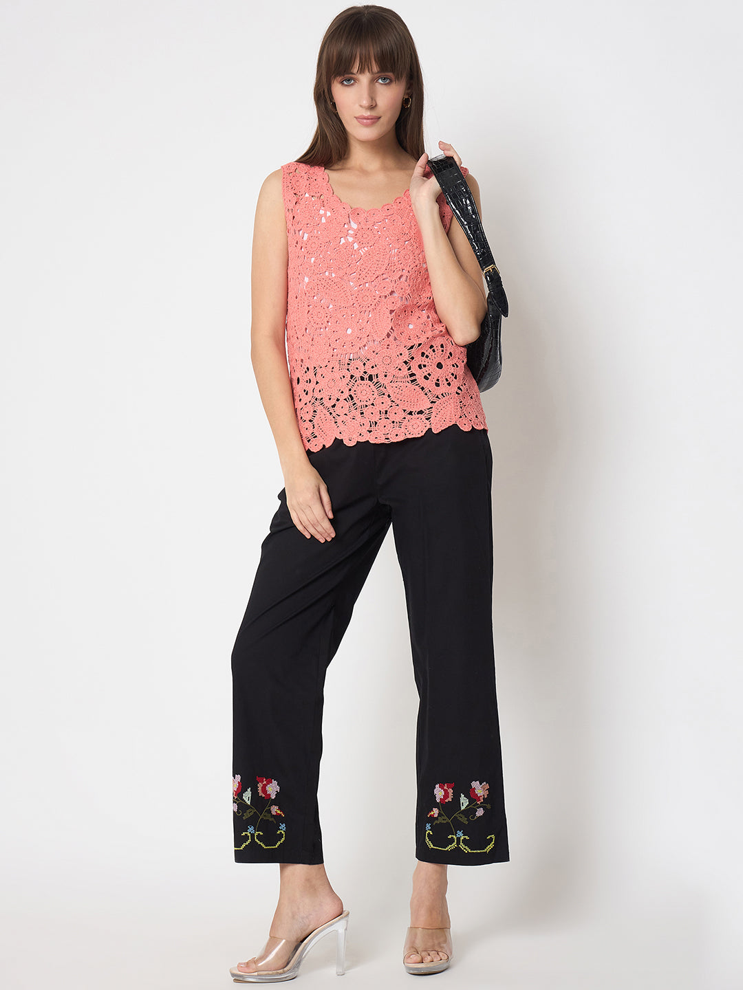 Madame Crochet Sleeveless Solid Coral Top