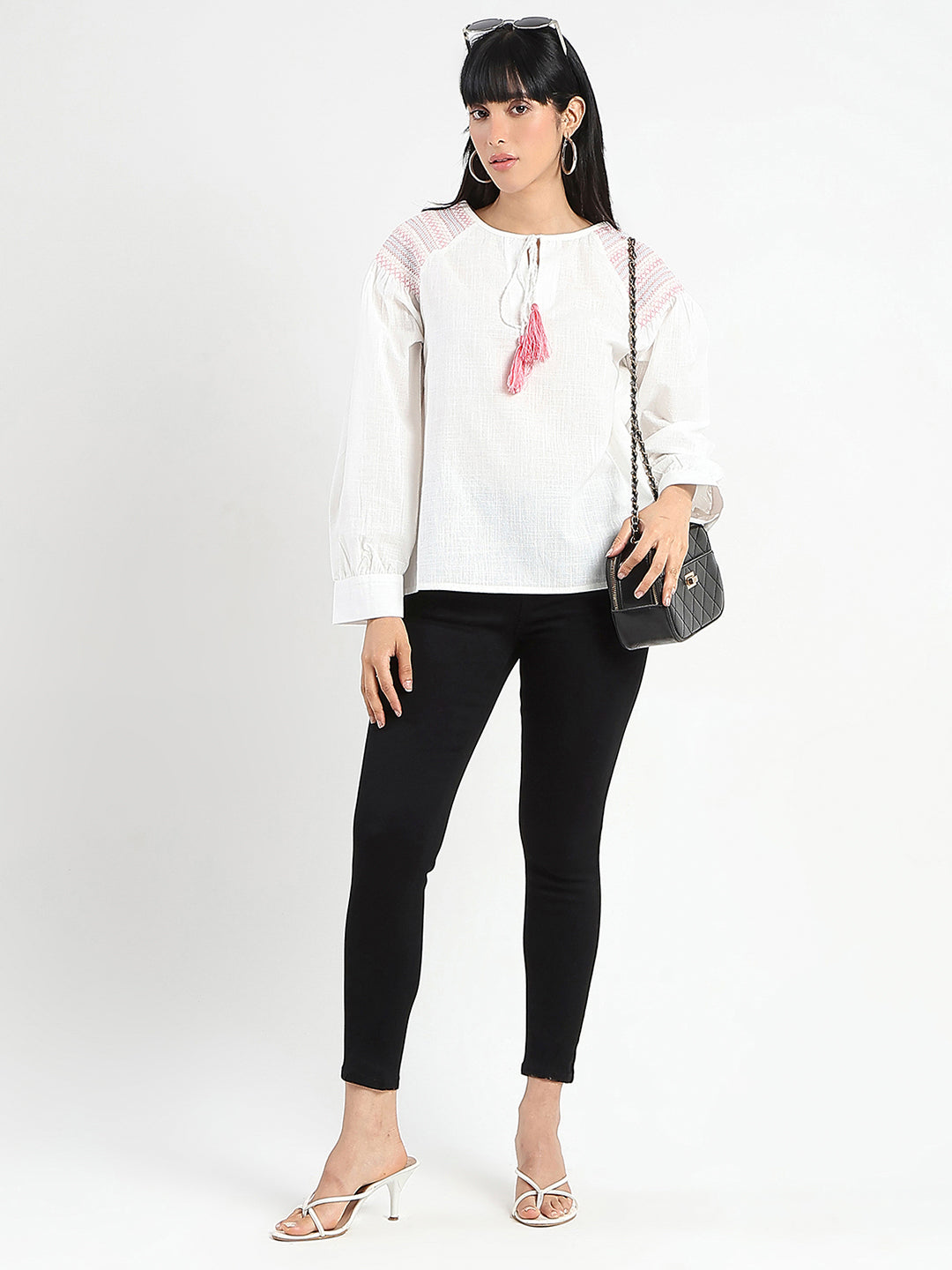 Madame Tie Neck Cotton Blend White Top
