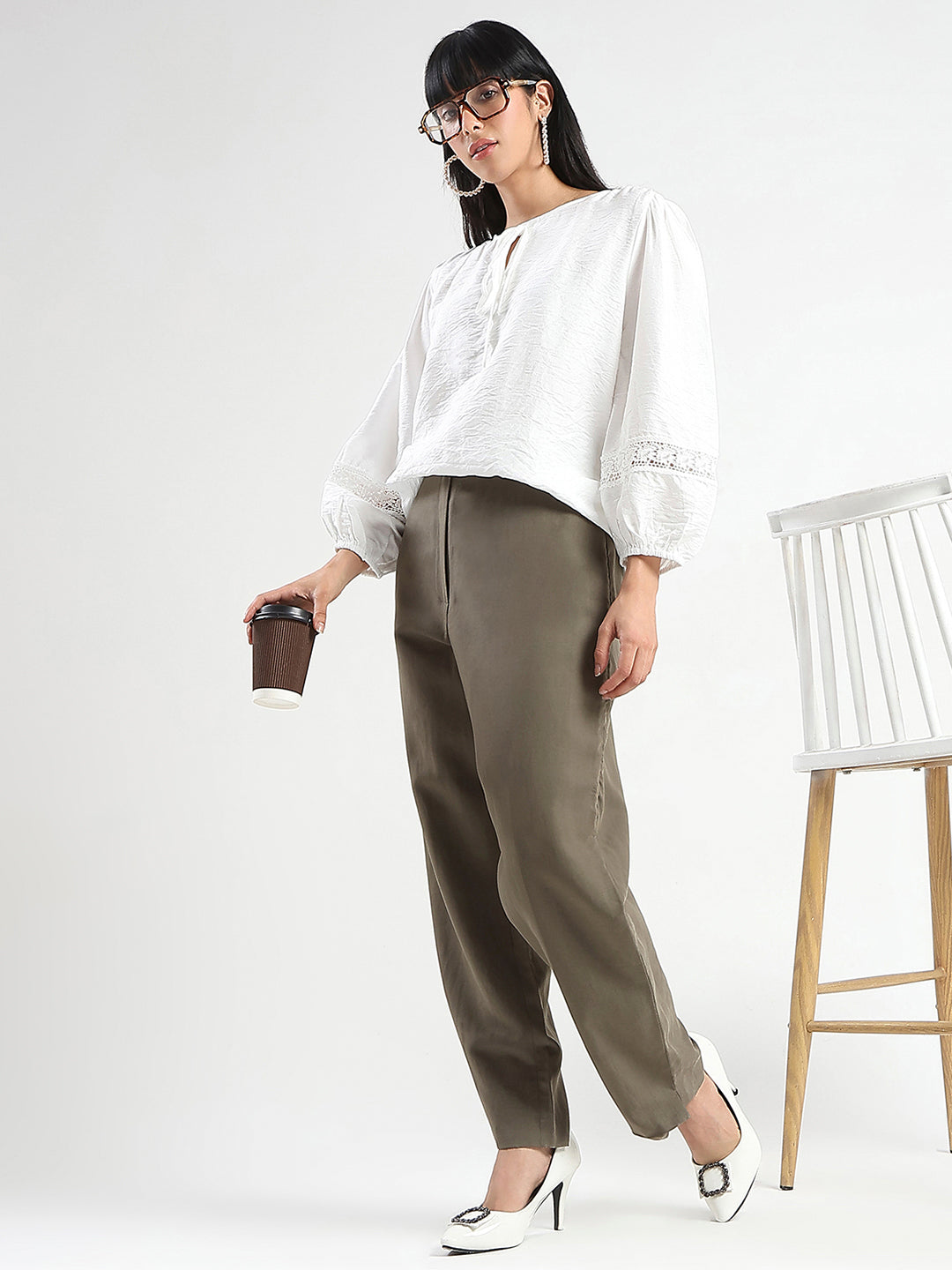 Madame Tie Neck Off White Rayon Blend Top