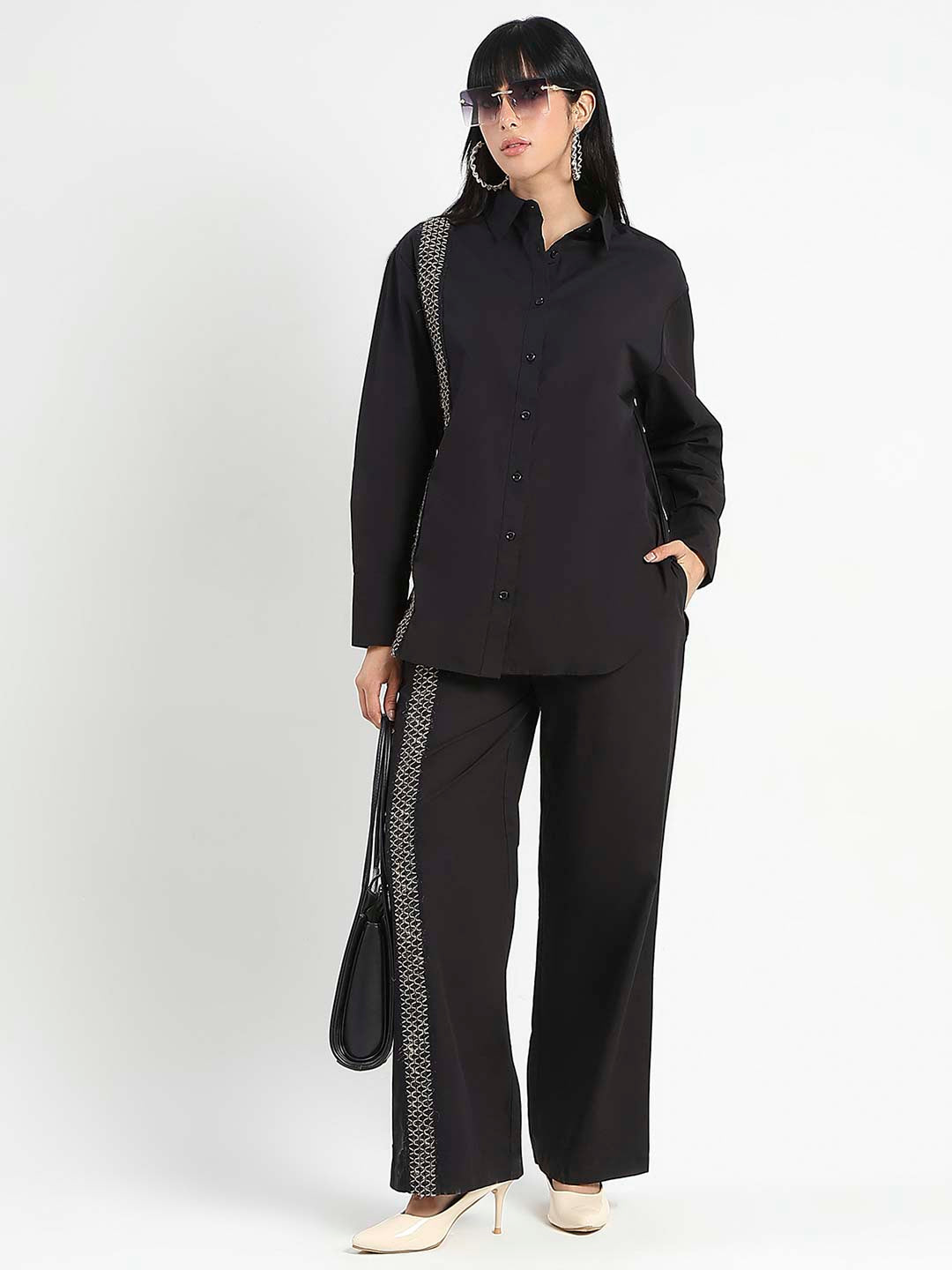 Madame Textured Shirt and Bottoms Black Co-ord Set